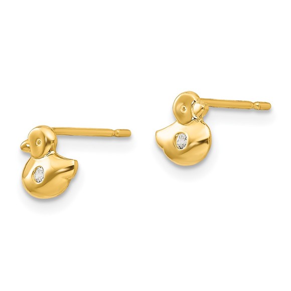 14k Yellow Gold Mini Animal Bird Madi K CZ Children's Duck Post Earrings - Picture 2 of 5